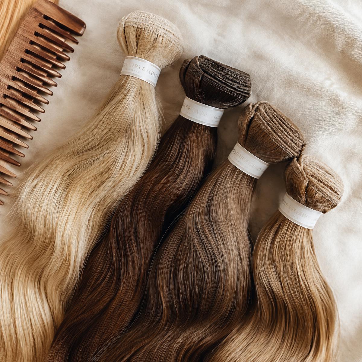 Bundles of premium human hair extensions in natural shades